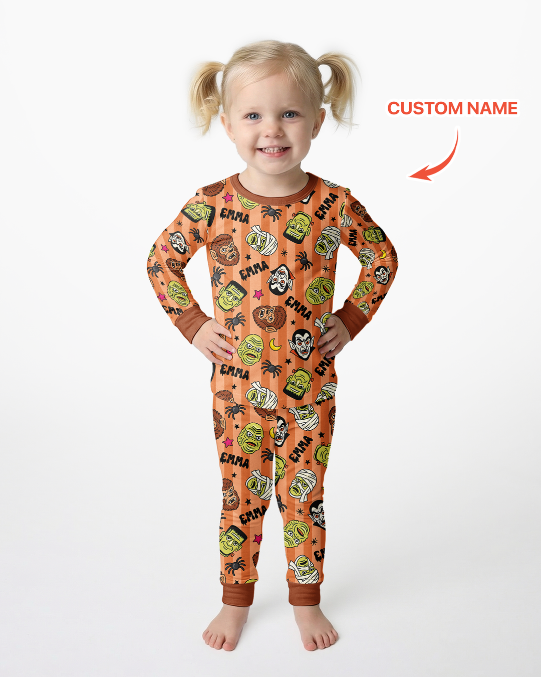 Custom Name Spooky Monsters Bamboo Two Piece Long Sleeve Pajama Set