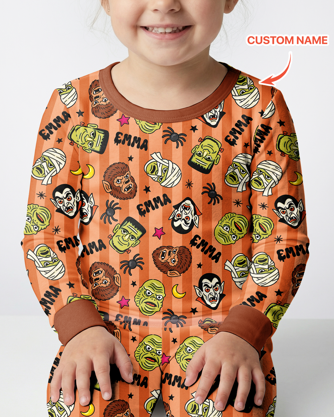 Custom Name Spooky Monsters Bamboo Two Piece Long Sleeve Pajama Set