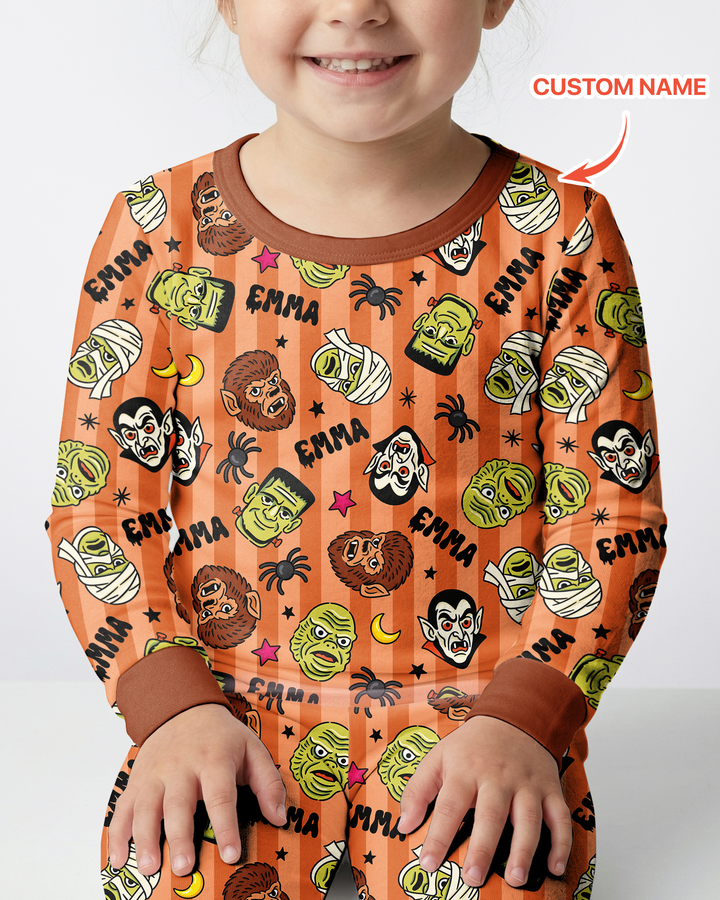 Custom Name Spooky Monsters Bamboo Two Piece Long Sleeve Pajama Set