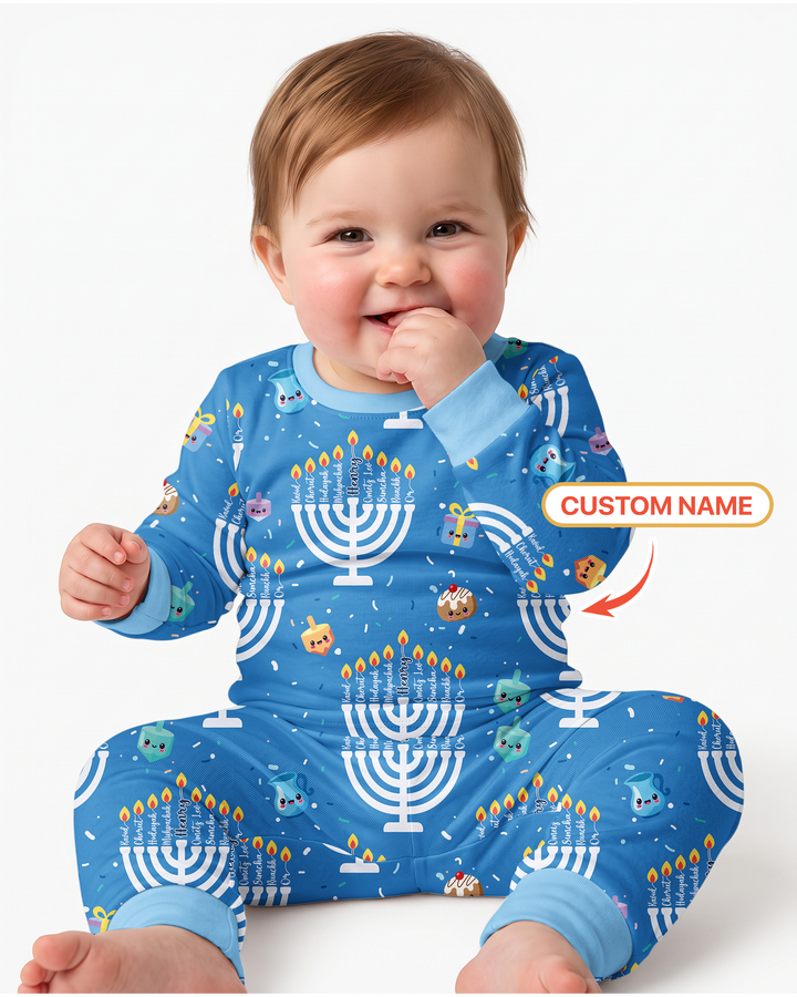 Custom Name Hannukkah Menorah Family Matching Bamboo Two Piece Long Sleeve Pajama Set