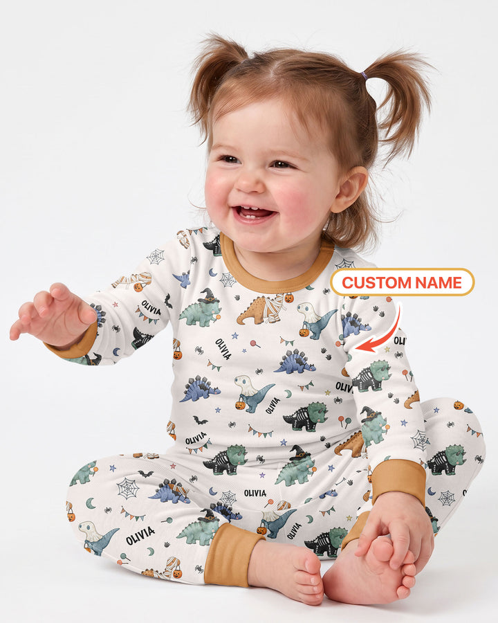 Custom Name Cute Halloween Dinosaur - Personalized Long Sleeve Pajama Set