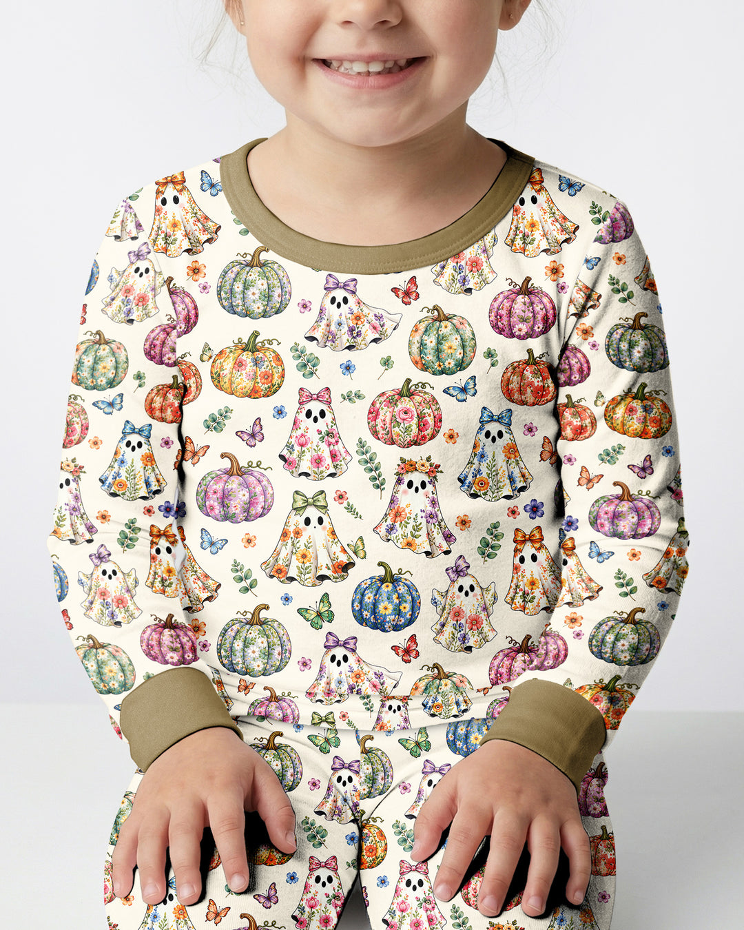 Floral Ghost Halloween Bamboo Two Piece Long Sleeve Pajama Set