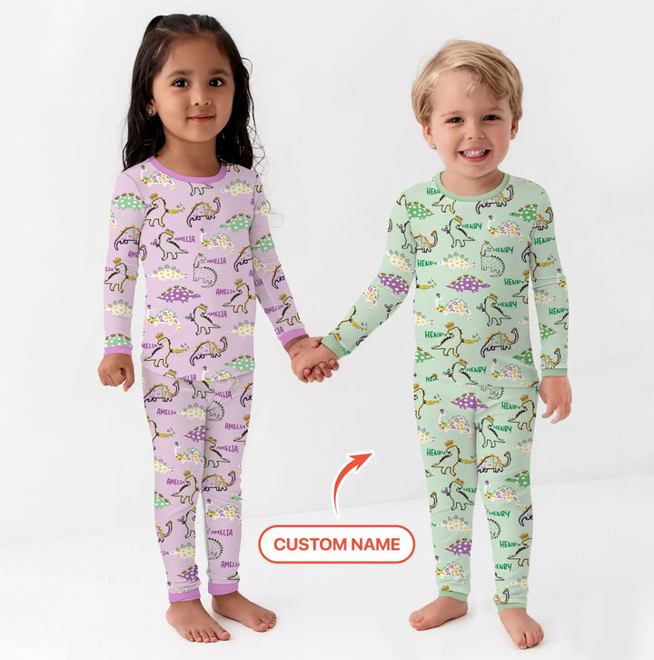 Custom Name Mardi Gras Saurus Bamboo Two Piece Long Sleeve Pajama Set