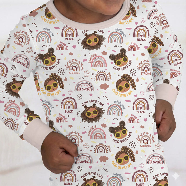 Afro African American Girl Bamboo Two Piece Long Sleeve Pajama Set