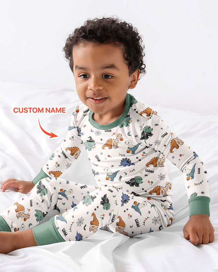 Custom Name Cute Halloween Dinosaur - Personalized Long Sleeve Pajama Set