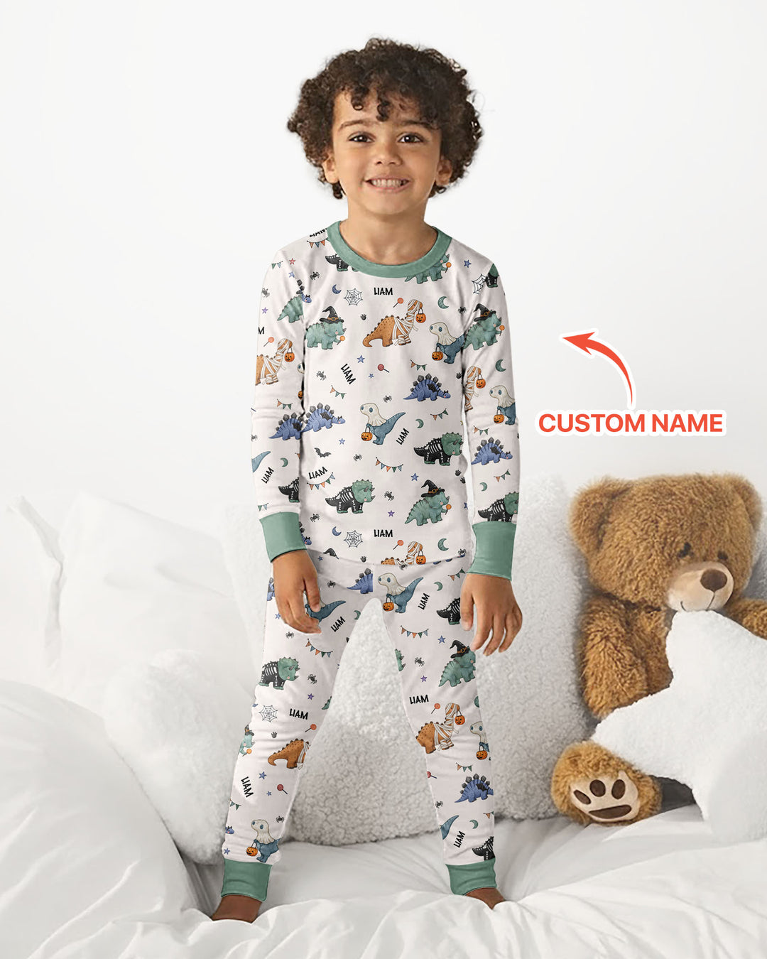 Custom Name Cute Halloween Dinosaur - Personalized Long Sleeve Pajama Set
