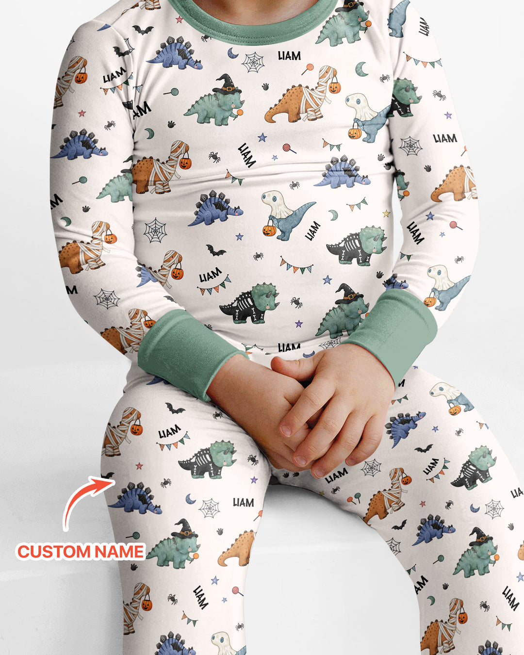 Custom Name Cute Halloween Dinosaur - Personalized Long Sleeve Pajama Set