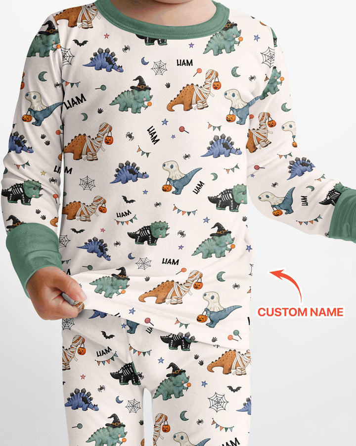 Custom Name Cute Halloween Dinosaur - Personalized Long Sleeve Pajama Set
