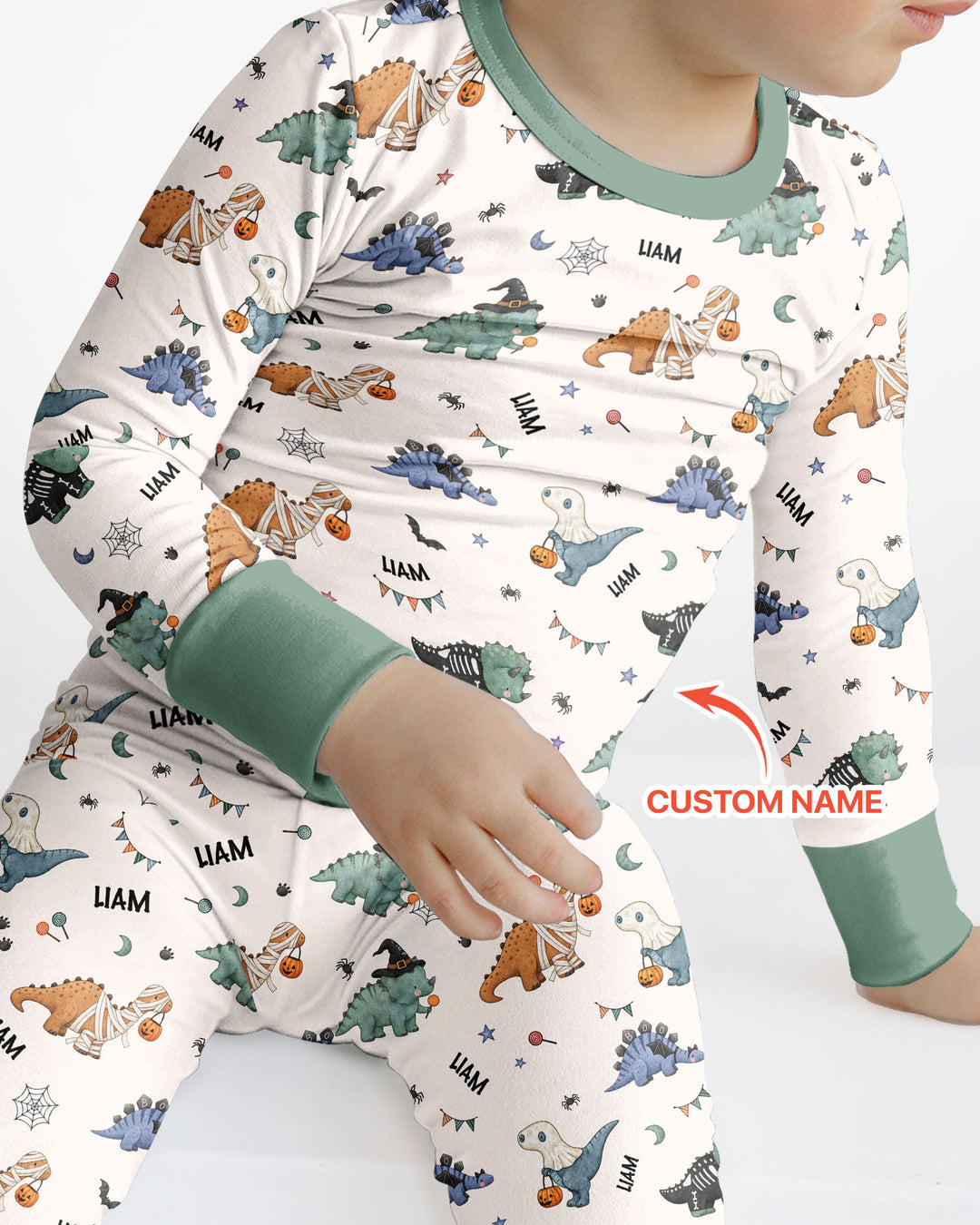 Custom Name Cute Halloween Dinosaur - Personalized Long Sleeve Pajama Set