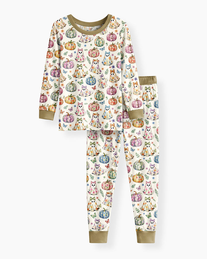 Floral Ghost Halloween Bamboo Two Piece Long Sleeve Pajama Set