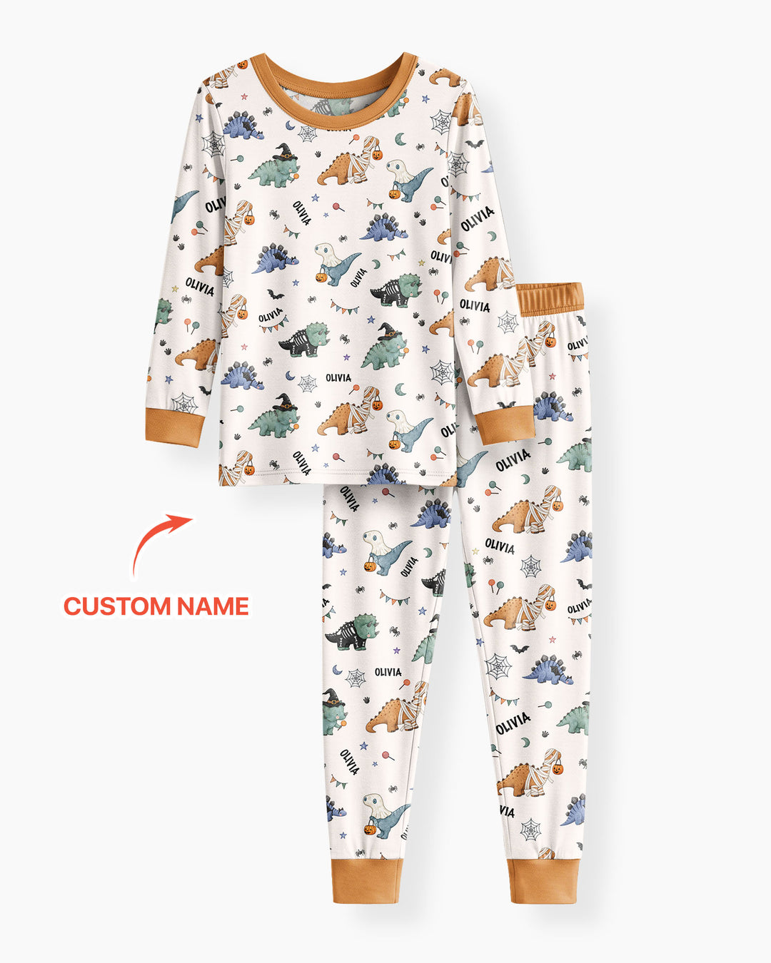 Custom Name Cute Halloween Dinosaur - Personalized Long Sleeve Pajama Set