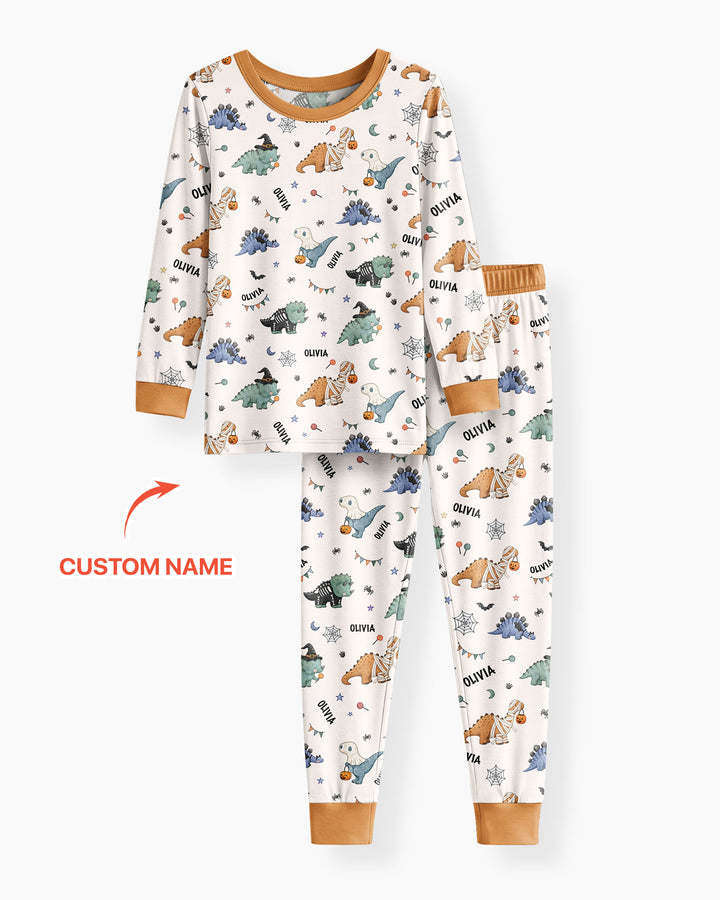 Custom Name Cute Halloween Dinosaur - Personalized Long Sleeve Pajama Set