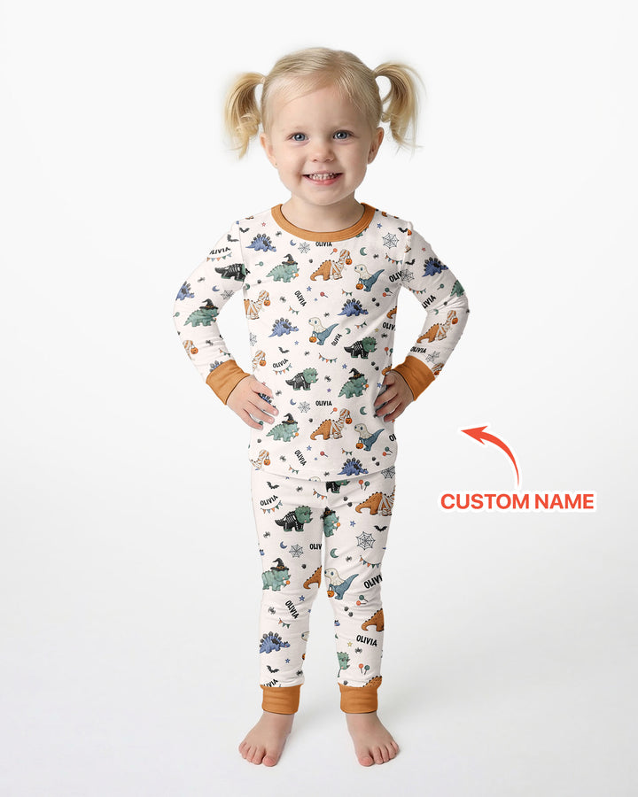 Custom Name Cute Halloween Dinosaur - Personalized Long Sleeve Pajama Set