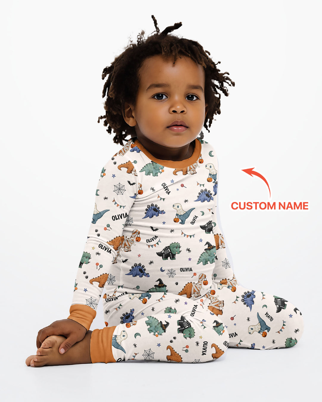 Custom Name Cute Halloween Dinosaur - Personalized Long Sleeve Pajama Set