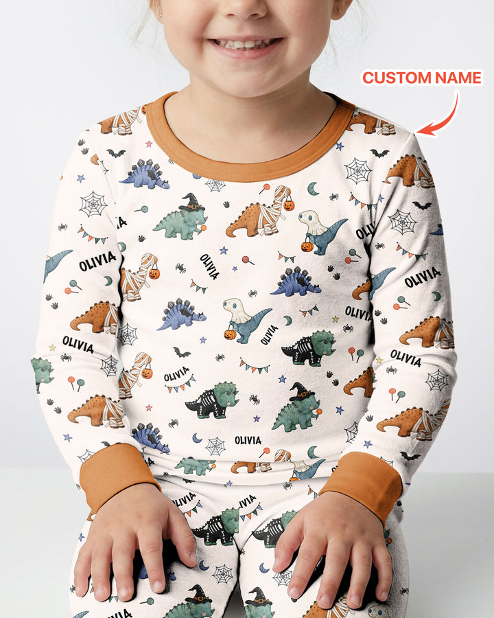 Custom Name Cute Halloween Dinosaur - Personalized Long Sleeve Pajama Set