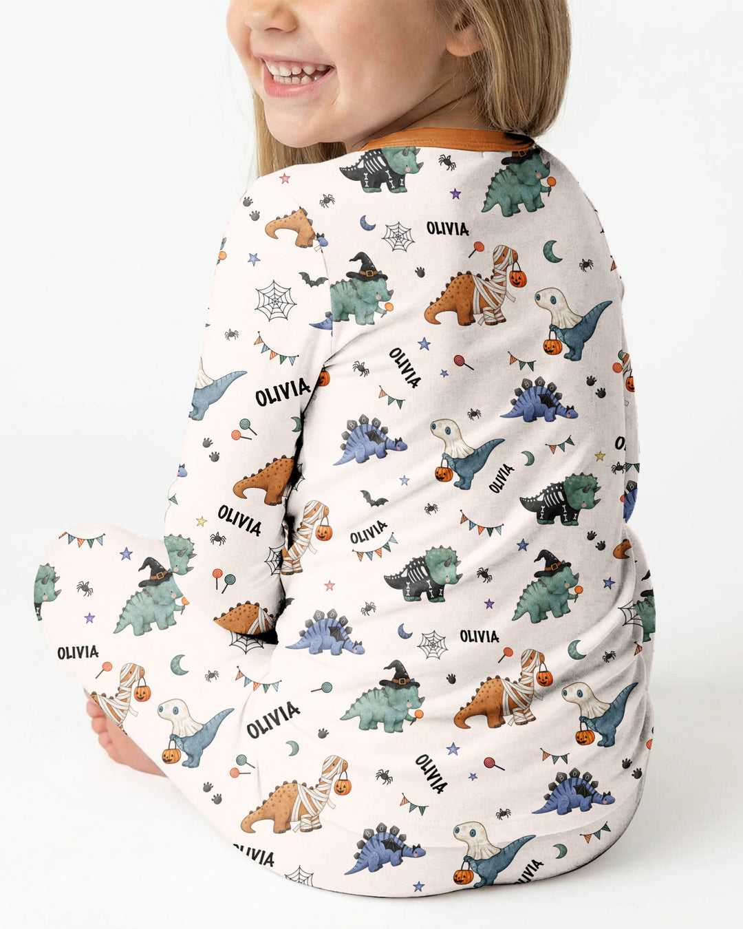 Custom Name Cute Halloween Dinosaur - Personalized Long Sleeve Pajama Set