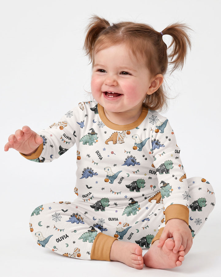 Custom Name Cute Halloween Dinosaur - Personalized Long Sleeve Pajama Set