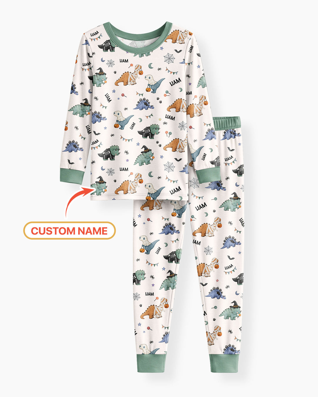 Custom Name Cute Halloween Dinosaur - Personalized Long Sleeve Pajama Set