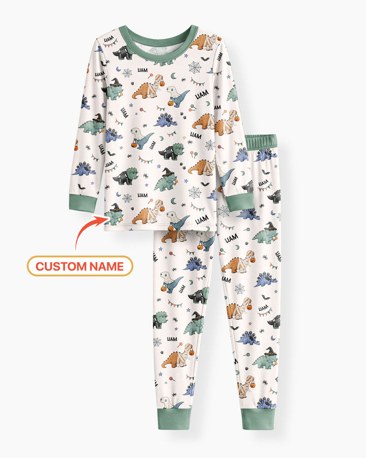 Custom Name Cute Halloween Dinosaur - Personalized Long Sleeve Pajama Set