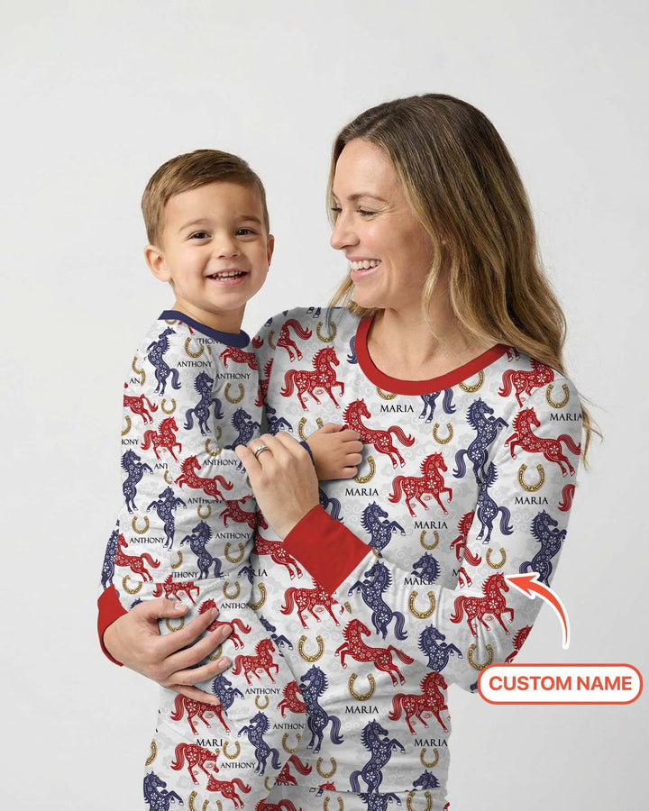 Custom Name Chinoiserie Horses Bamboo Two Piece Short Sleeve Pajama Set