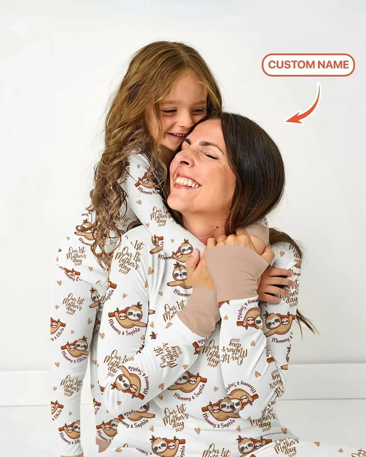 Custom Name Mama & Baby Sloth – Our First Mother’s Day 2026 Bamboo Women Pajama Set