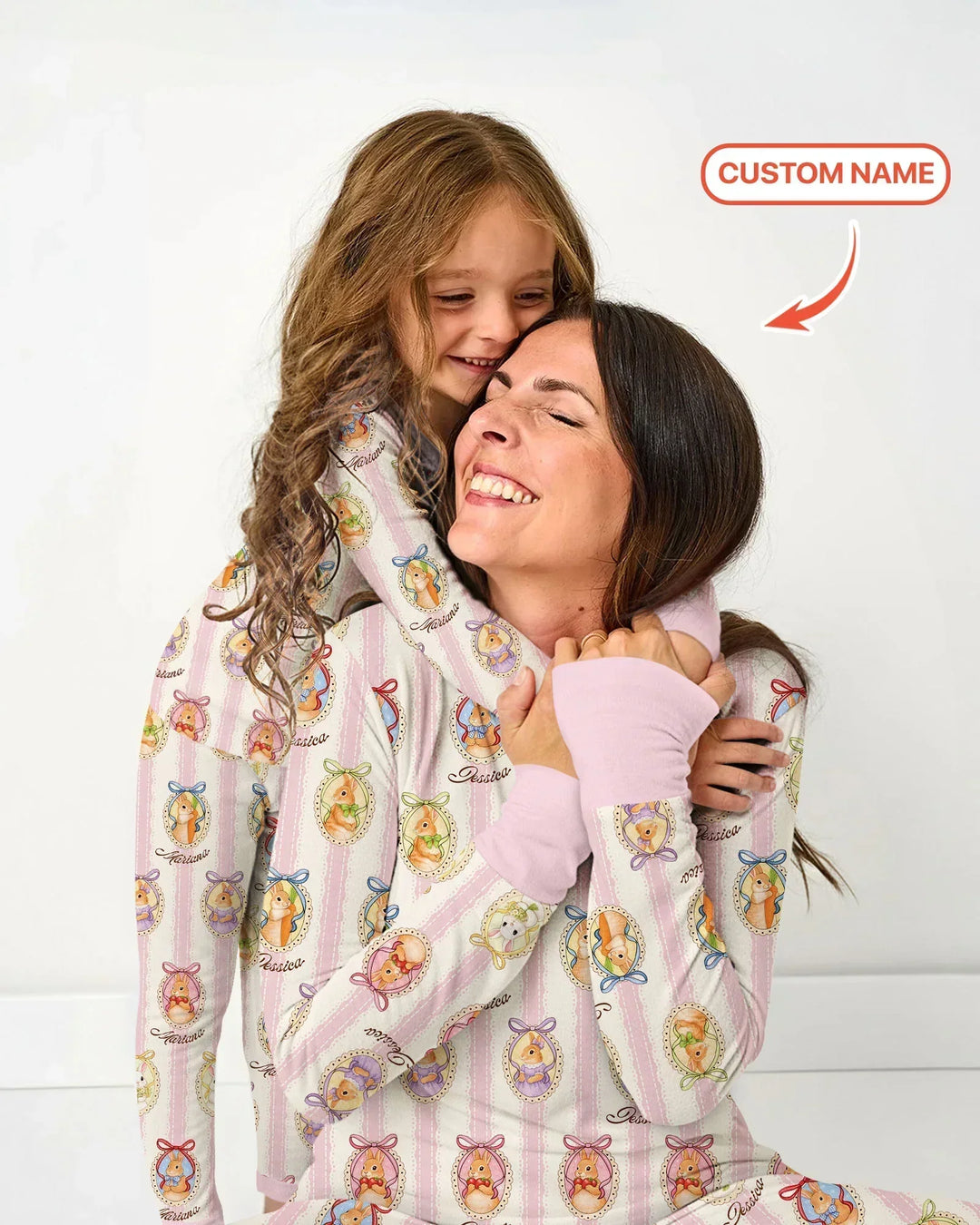 Custom Name Vintage Easter Bunny Bamboo Two Piece Long Sleeve Pajama Set