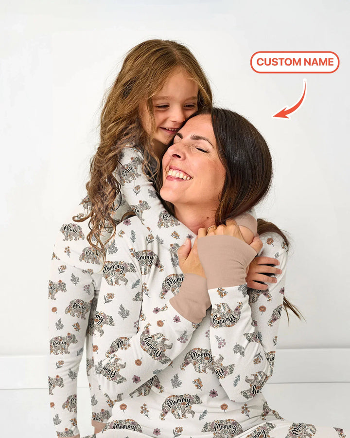 Custom Name Floral Bear Family Matching Bamboo Two Piece Long Sleeve Pajama Set