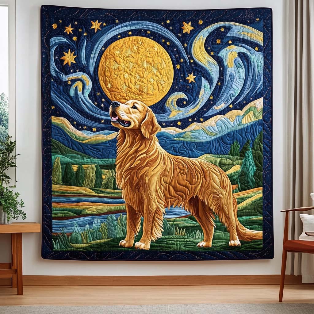 Moonlit Golden Retriever Adventure Bamboo Quilt Blanket