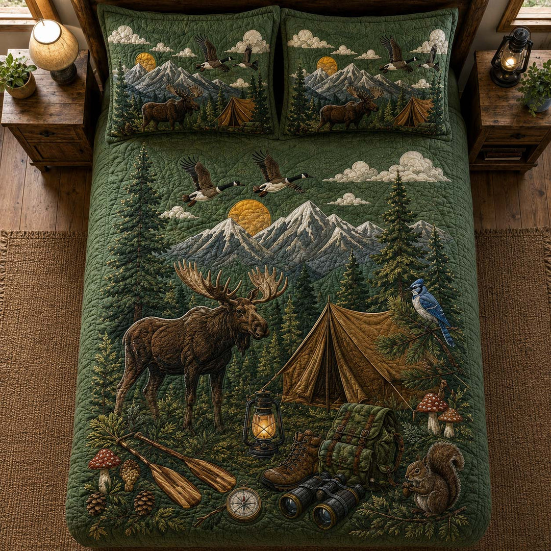 Moose Camping Wilderness Bamboo Quilt Bedding Set