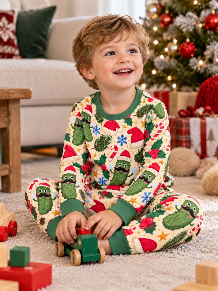 Mustache Pickle Christmas Pattern Bamboo Two Piece Long Sleeve Pajama Set