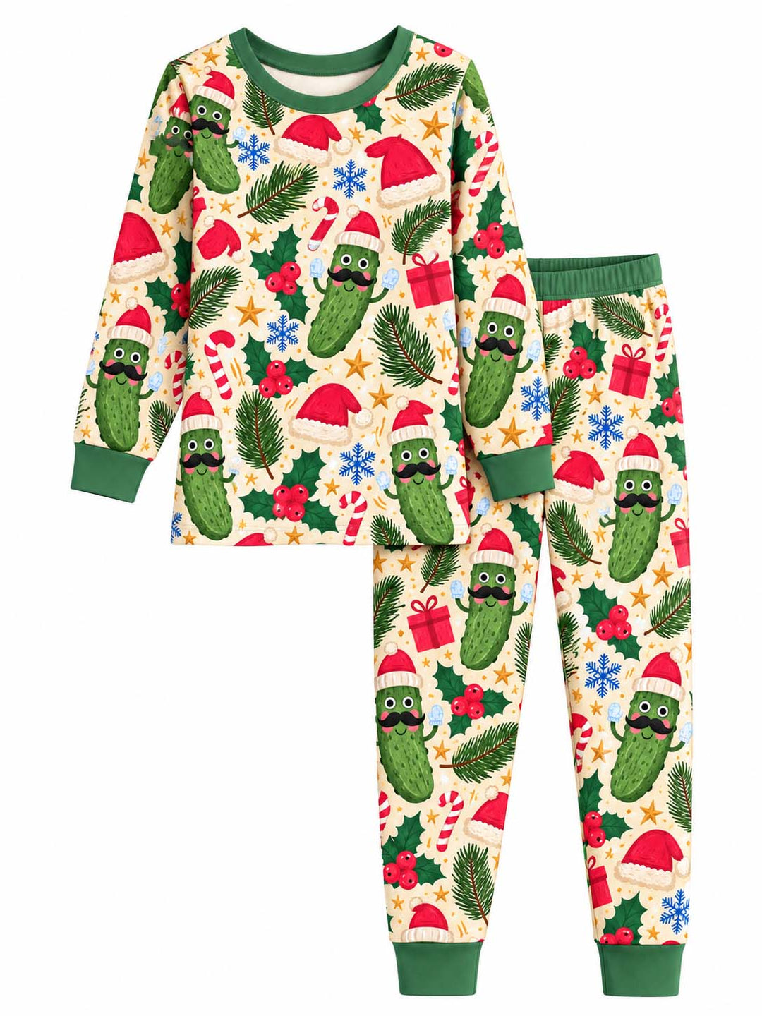 Mustache Pickle Christmas Pattern Bamboo Two Piece Long Sleeve Pajama Set