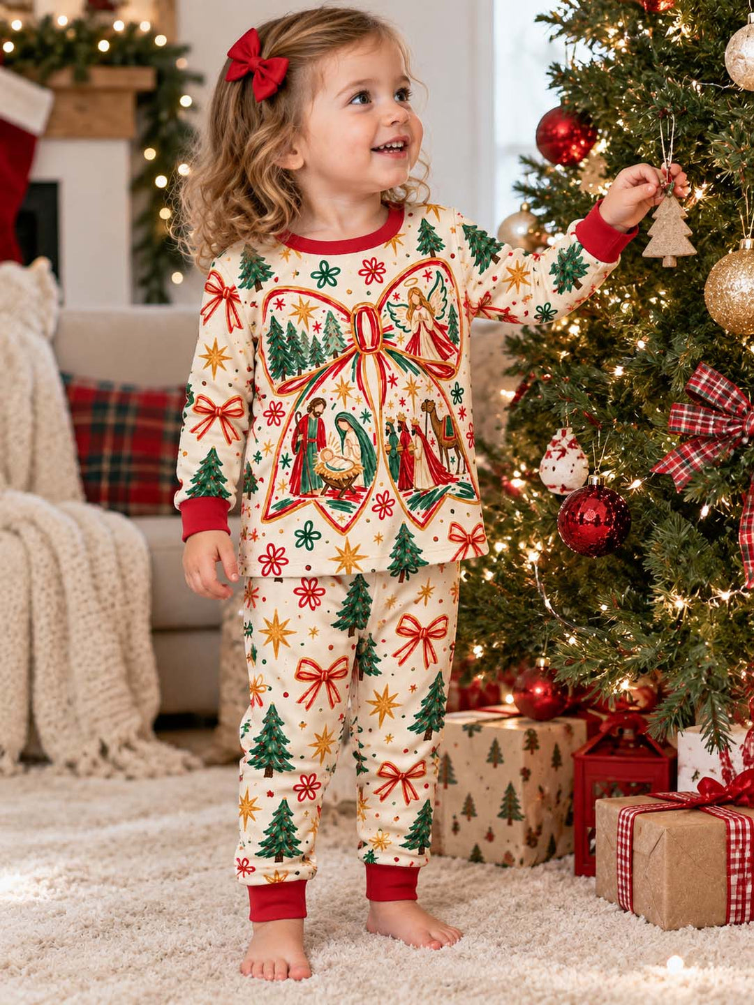 Nativity Christmas Bow Bamboo Two Piece Long Sleeve Pajama Set