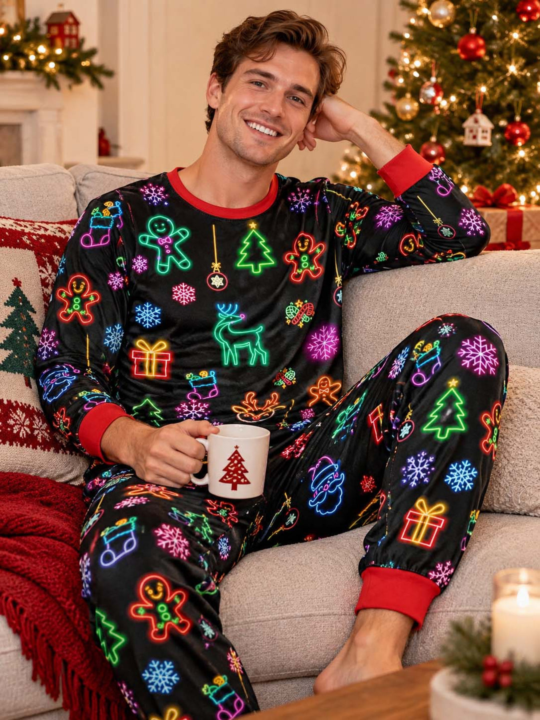 Neon Christmas Lights Bamboo Men's Pajama Set