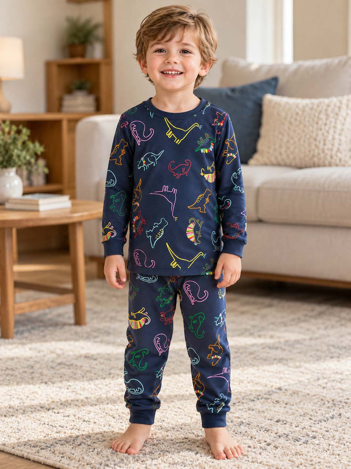 Neon Dino Doodles Bamboo Two Piece Long Sleeve Pajama Set