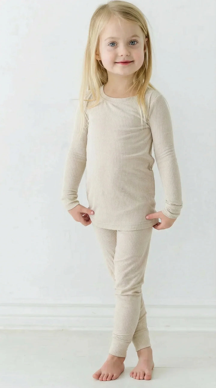 Oat Ribbed Bamboo Two Piece Long Sleeve Pajama Set