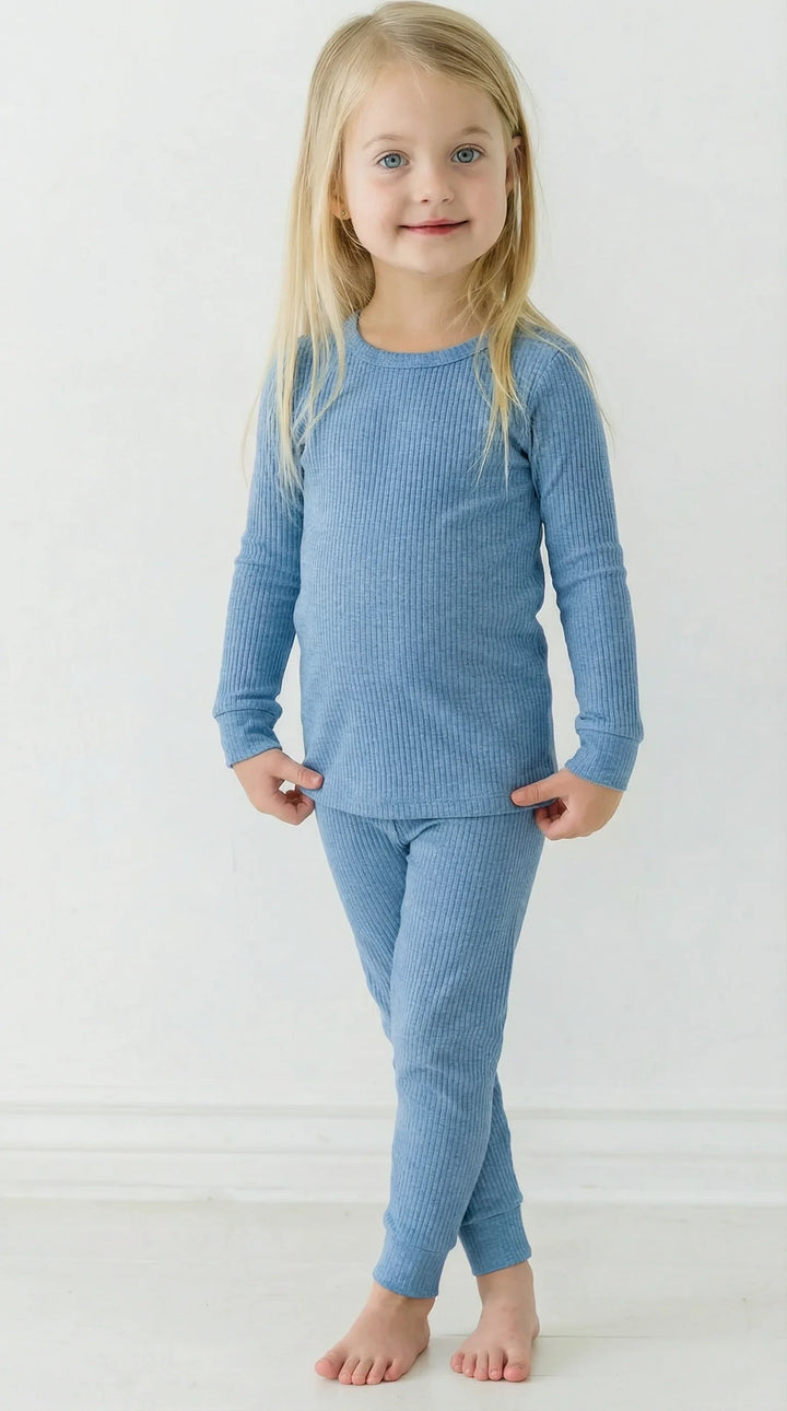 Heather Blue Ribbed Bamboo Two Piece Long Sleeve Pajama Set