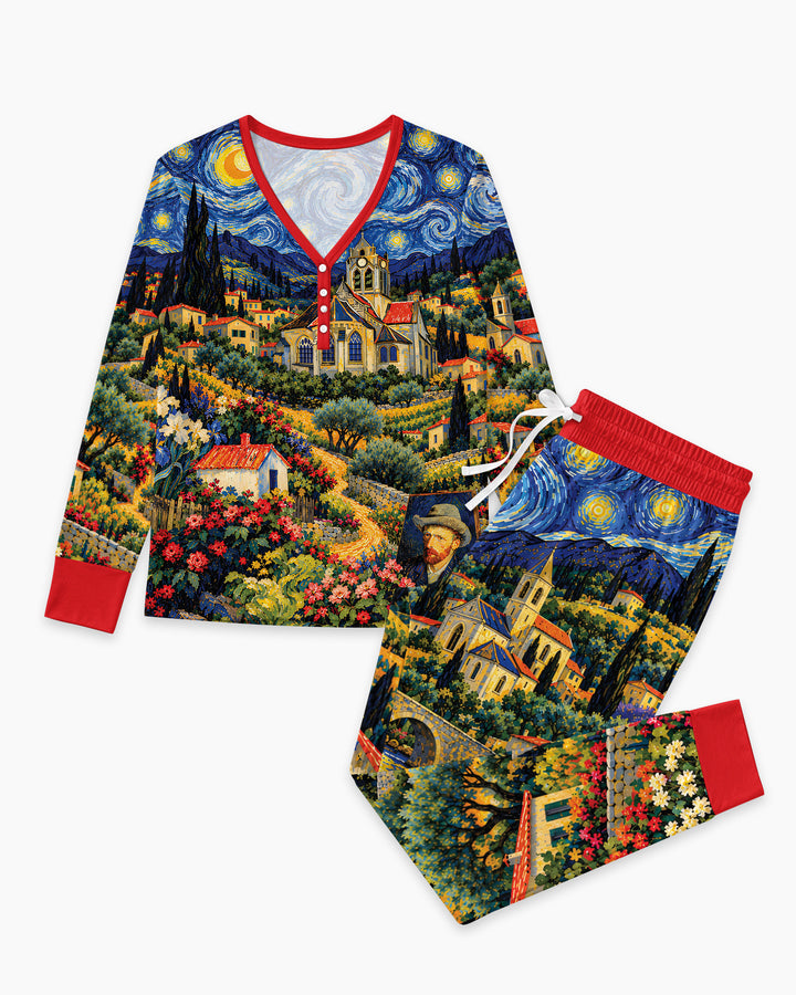 Night Sky Village Pattern Thin Bamboo Women Pajama Set