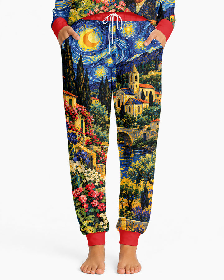 Night Sky Village Pattern Thin Bamboo Women Pajama Set