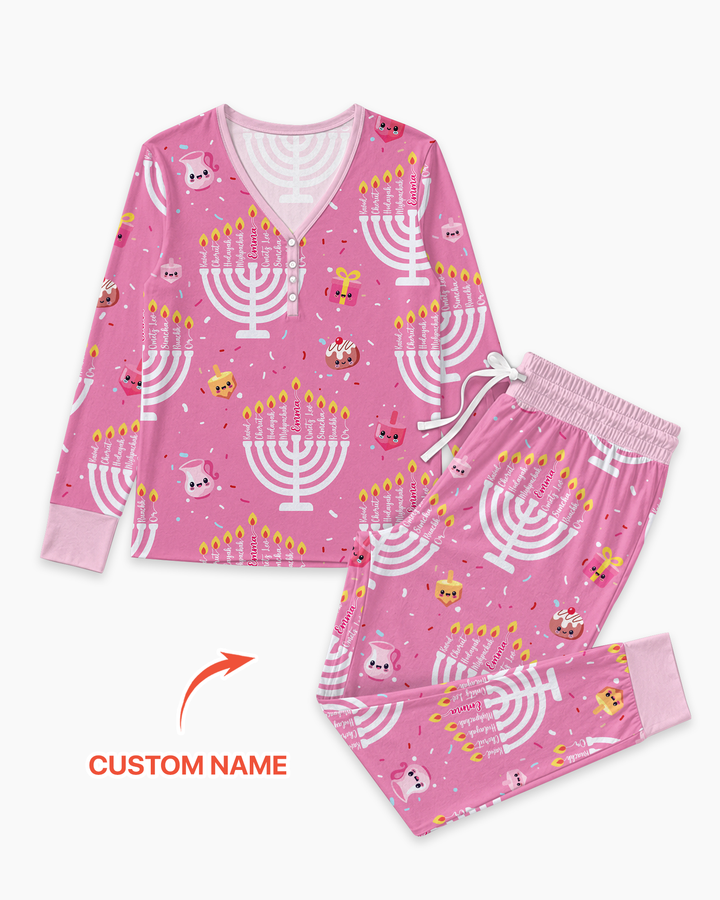 Custom Name Hannukkah Menorah Family Matching Bamboo Women Pajama Set