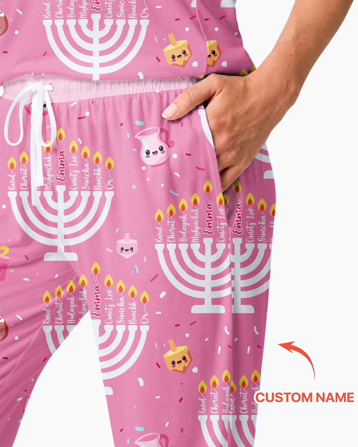 Custom Name Hannukkah Menorah Family Matching Bamboo Women Pajama Set