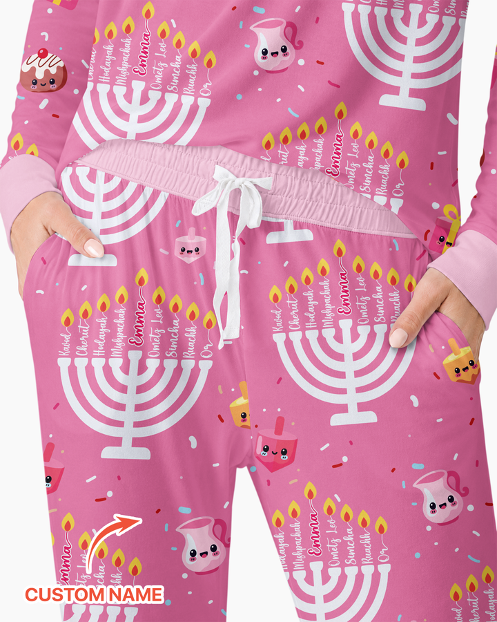 Custom Name Hannukkah Menorah Family Matching Bamboo Women Pajama Set