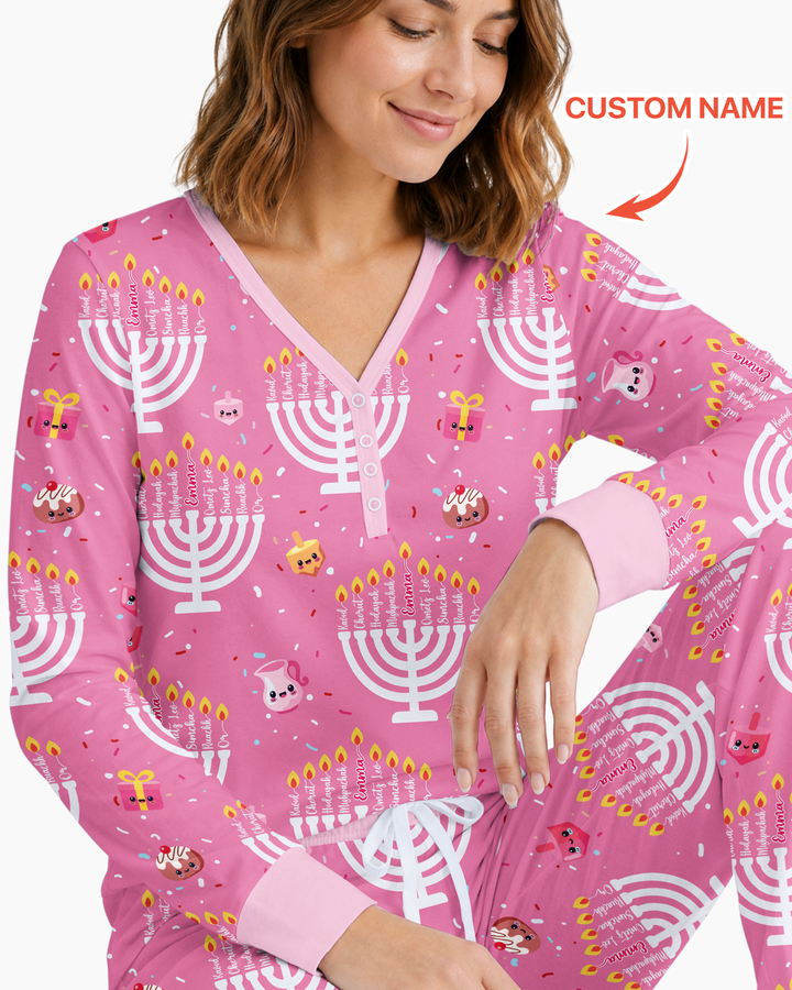 Custom Name Hannukkah Menorah Family Matching Bamboo Women Pajama Set