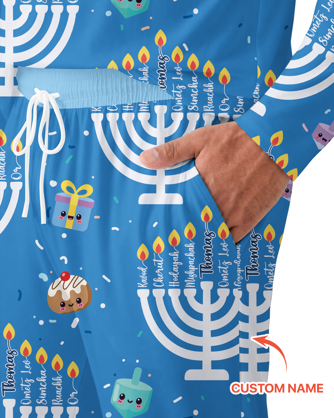 Custom Name Hannukkah Menorah Family Matching Bamboo Men's Pajama Set