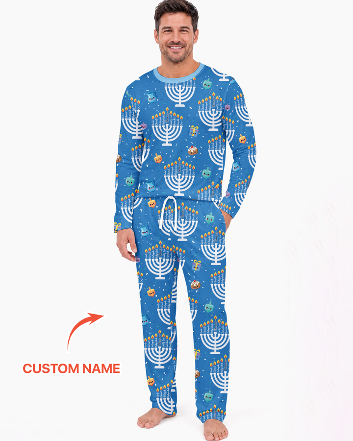 Custom Name Hannukkah Menorah Family Matching Bamboo Men's Pajama Set