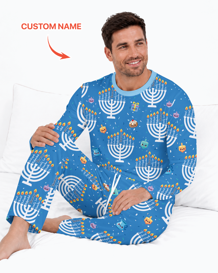 Custom Name Hannukkah Menorah Family Matching Bamboo Men's Pajama Set