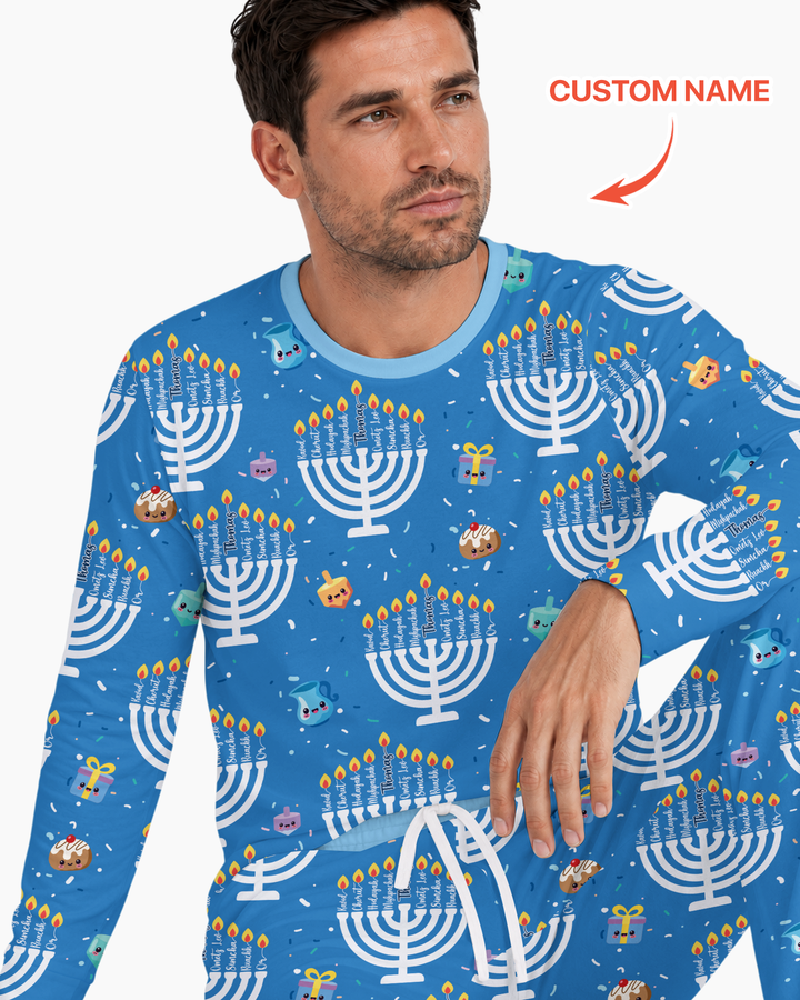 Custom Name Hannukkah Menorah Family Matching Bamboo Men's Pajama Set