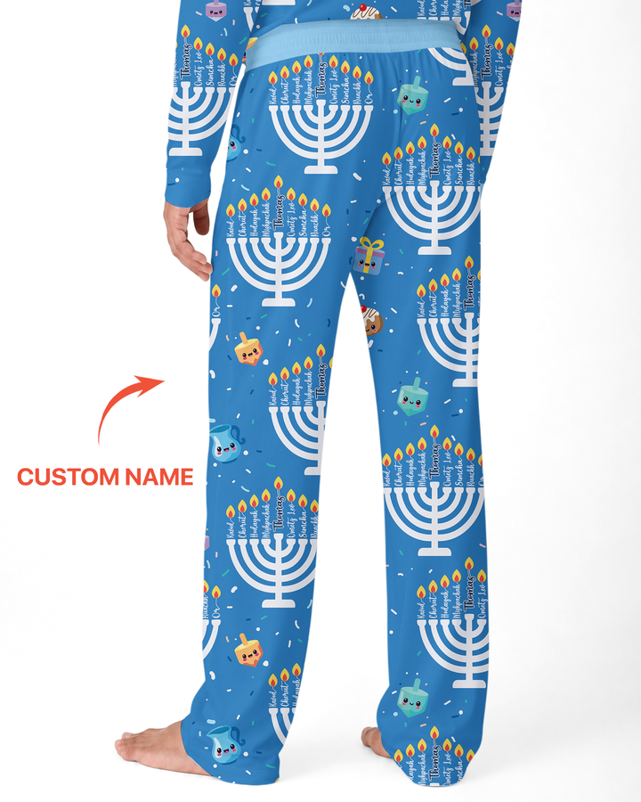 Custom Name Hannukkah Menorah Family Matching Bamboo Men's Pajama Set