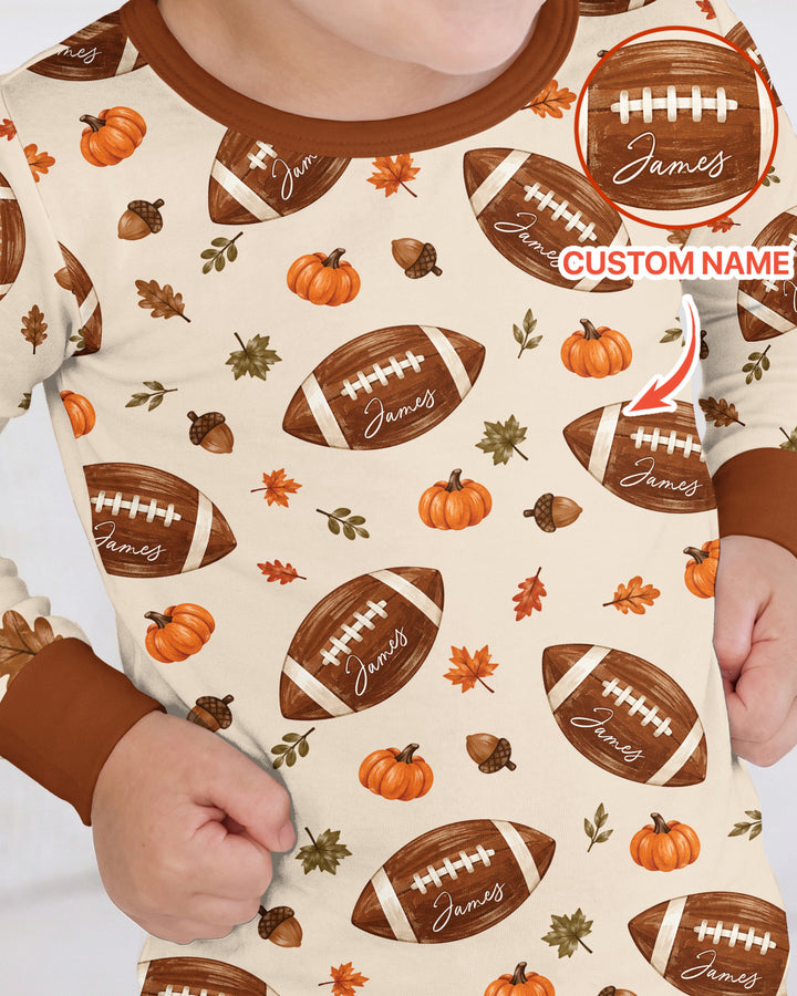 Custom Name Football Season Happy Fall Bamboo Two Piece Long Sleeve Pajama Set