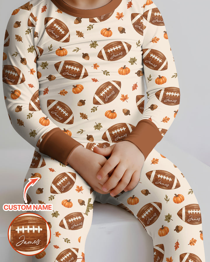 Custom Name Football Season Happy Fall Bamboo Two Piece Long Sleeve Pajama Set