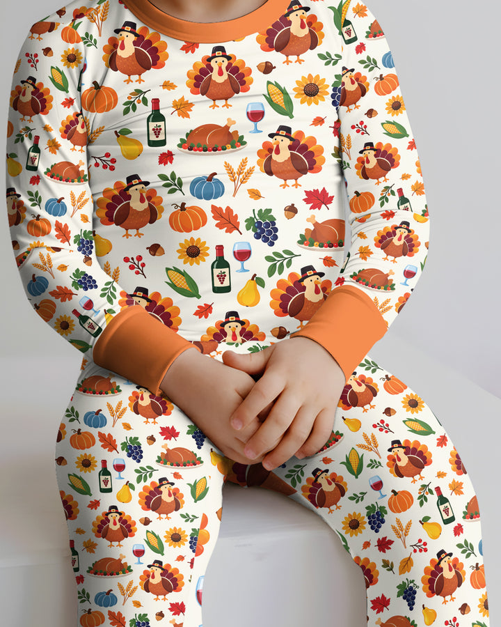 Thanksgiving Turkey Wine Harvest Bamboo Two Piece Long Sleeve Pajama Set